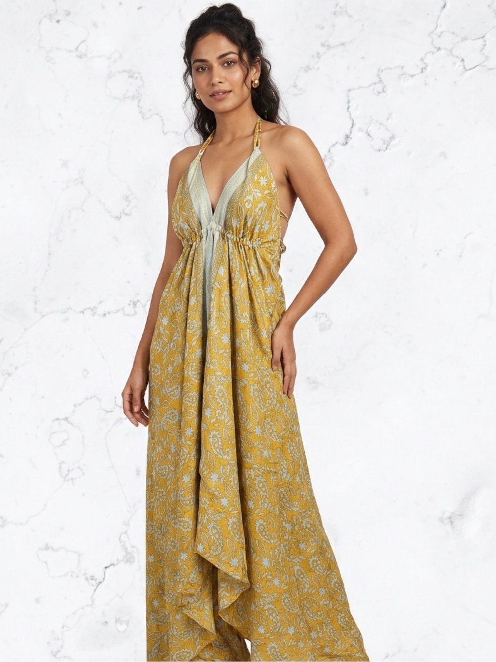 OCEAN BLUE APPAREL Halter Maxi Dress Boho Bohemian Paisley Shimmer Open Back